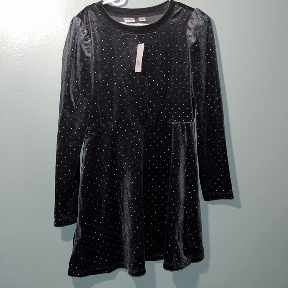 NWT - Kids Velvet grey long sleeve dress with gold raised gold dot accents